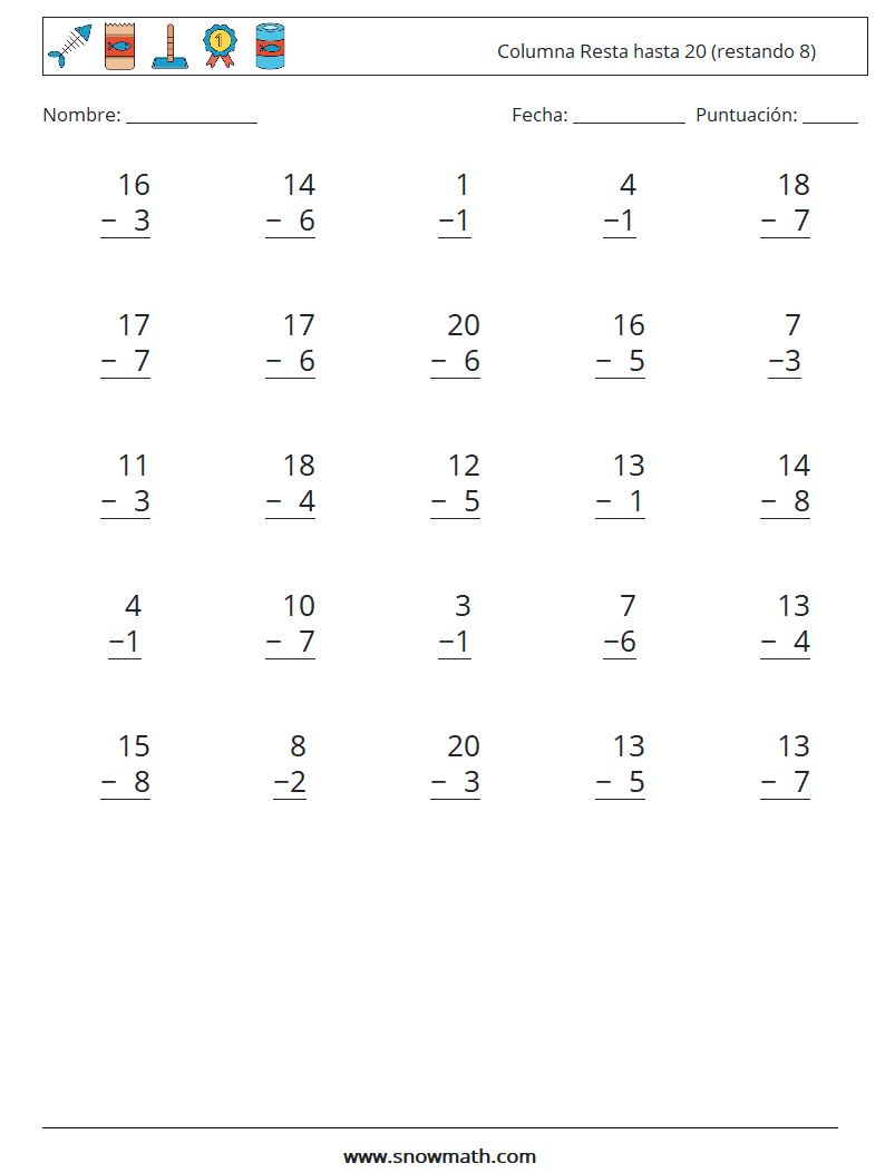 (25) Columna Resta hasta 20 (restando 8) Hojas de trabajo de matemáticas 12