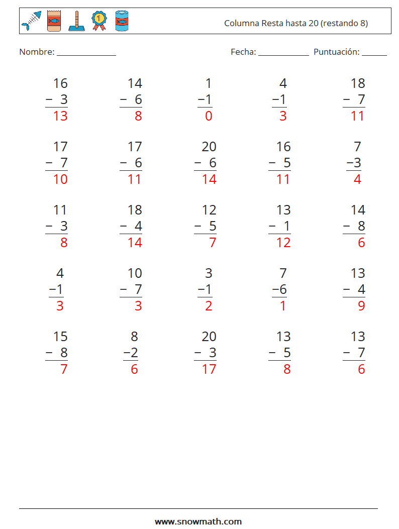 (25) Columna Resta hasta 20 (restando 8) Hojas de trabajo de matemáticas 12 Pregunta, respuesta