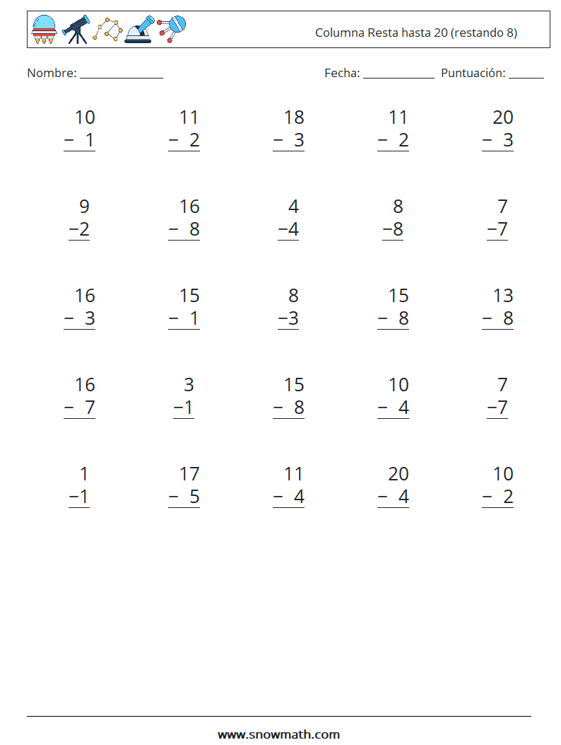 (25) Columna Resta hasta 20 (restando 8) Hojas de trabajo de matemáticas 13