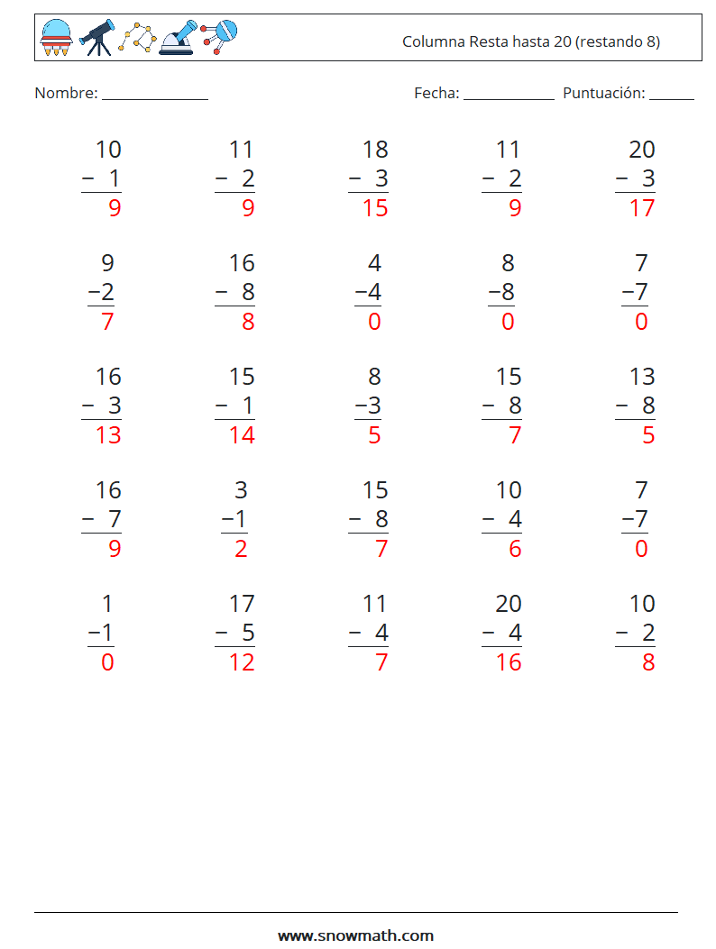 (25) Columna Resta hasta 20 (restando 8) Hojas de trabajo de matemáticas 13 Pregunta, respuesta