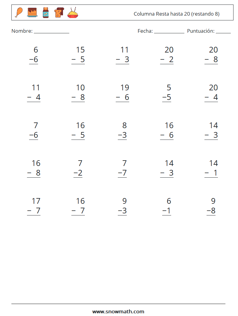 (25) Columna Resta hasta 20 (restando 8) Hojas de trabajo de matemáticas 14