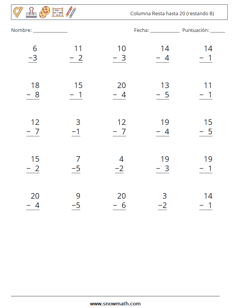 (25) Columna Resta hasta 20 (restando 8) Hojas de trabajo de matemáticas 15