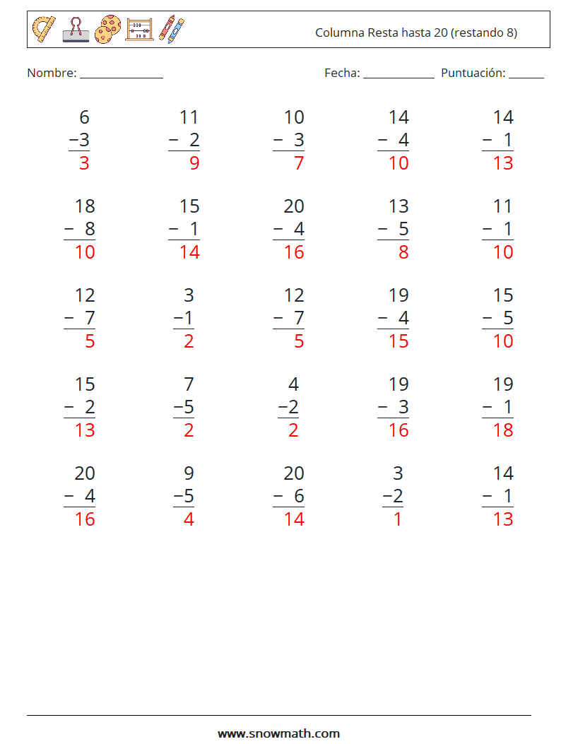 (25) Columna Resta hasta 20 (restando 8) Hojas de trabajo de matemáticas 15 Pregunta, respuesta