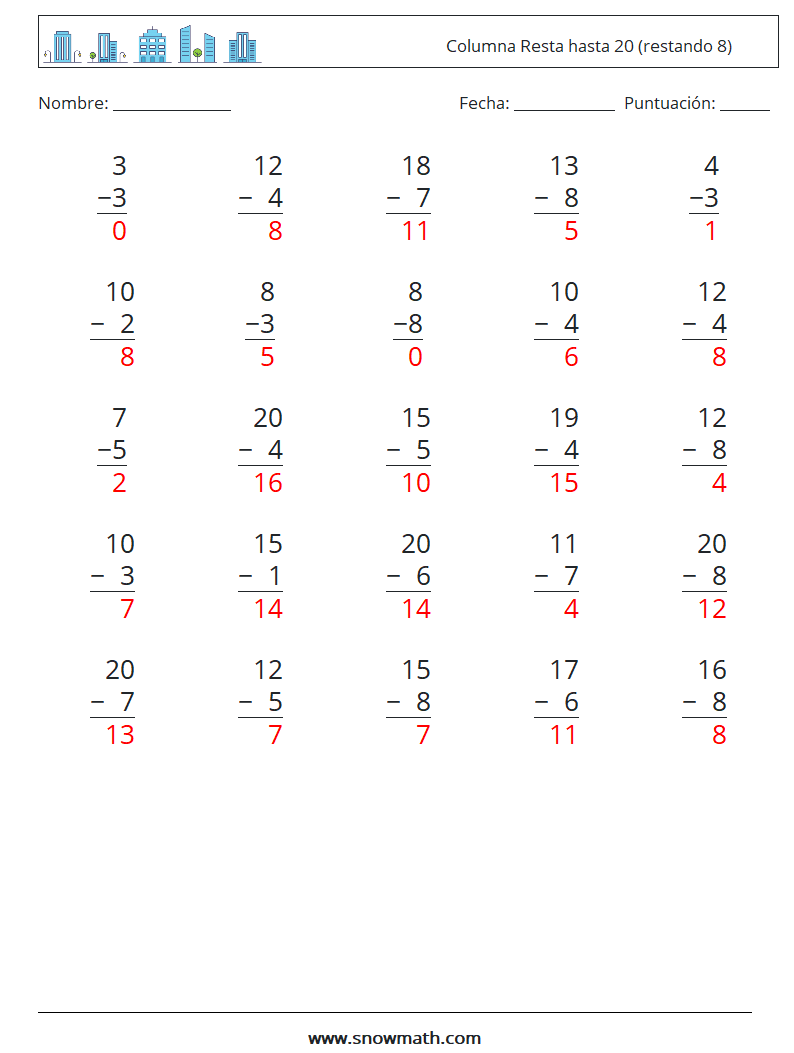 (25) Columna Resta hasta 20 (restando 8) Hojas de trabajo de matemáticas 16 Pregunta, respuesta