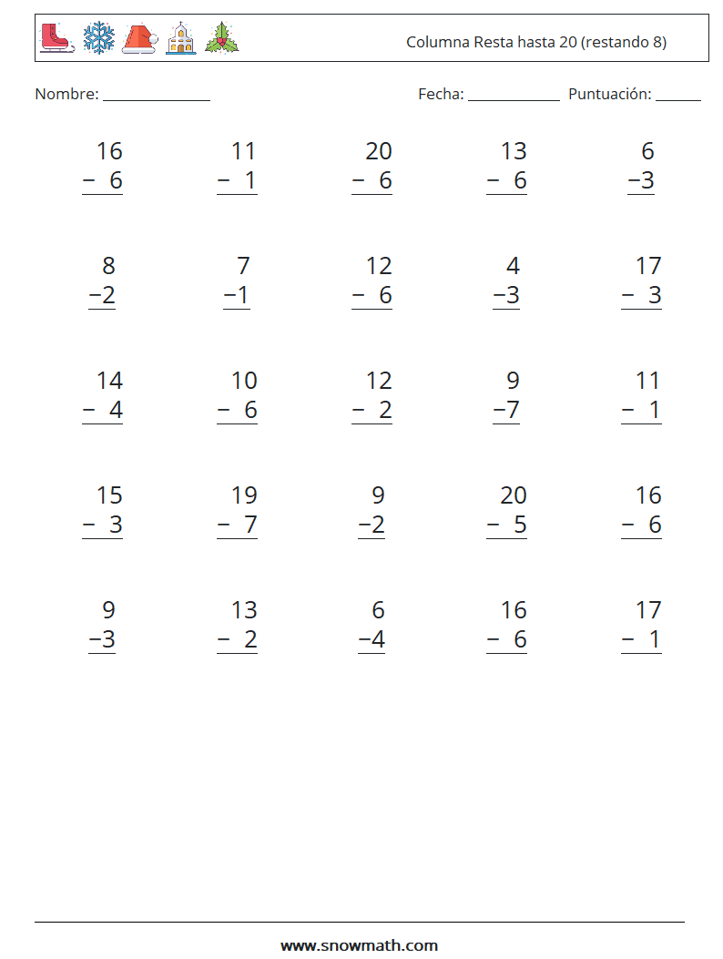 (25) Columna Resta hasta 20 (restando 8) Hojas de trabajo de matemáticas 17