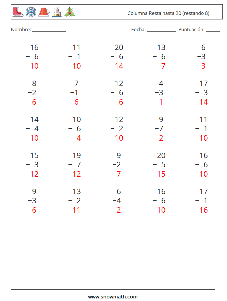 (25) Columna Resta hasta 20 (restando 8) Hojas de trabajo de matemáticas 17 Pregunta, respuesta