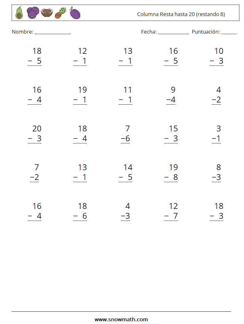 (25) Columna Resta hasta 20 (restando 8) Hojas de trabajo de matemáticas 18