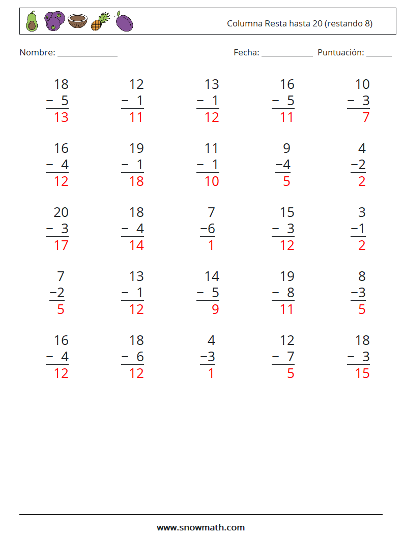 (25) Columna Resta hasta 20 (restando 8) Hojas de trabajo de matemáticas 18 Pregunta, respuesta