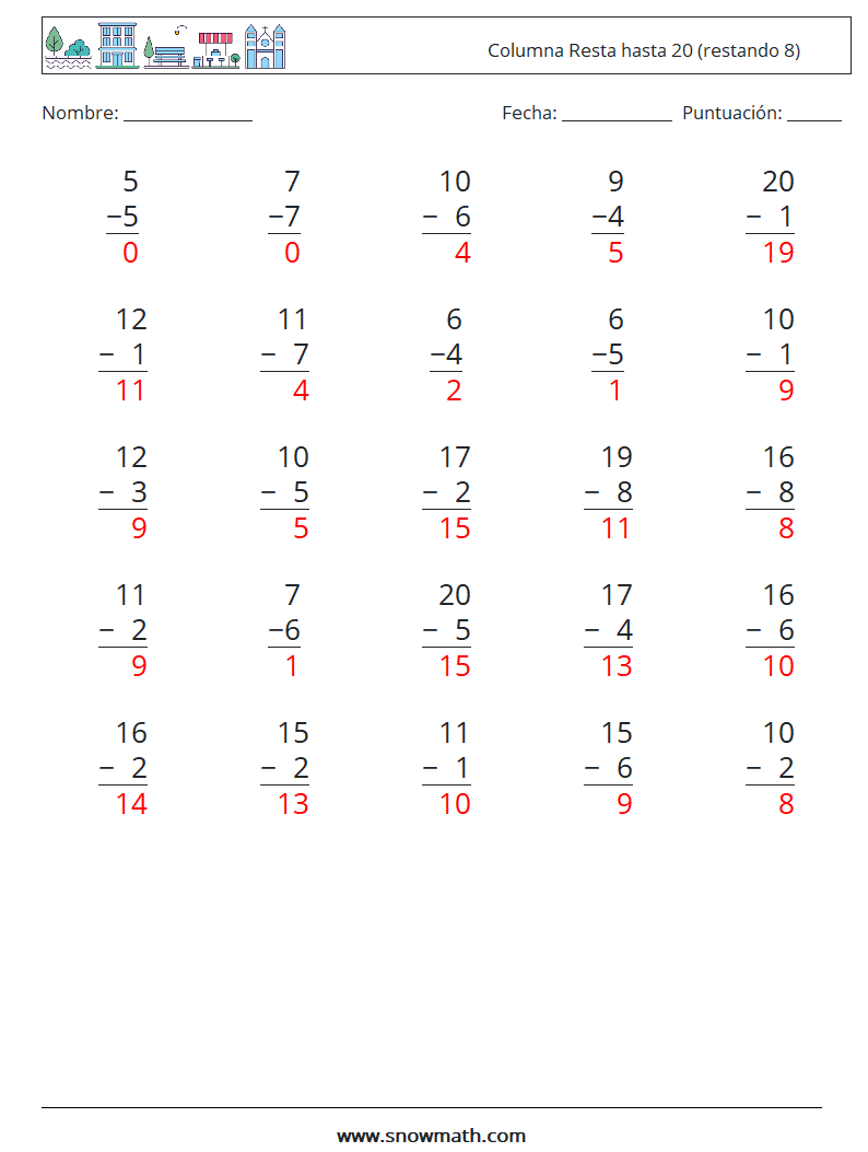 (25) Columna Resta hasta 20 (restando 8) Hojas de trabajo de matemáticas 1 Pregunta, respuesta