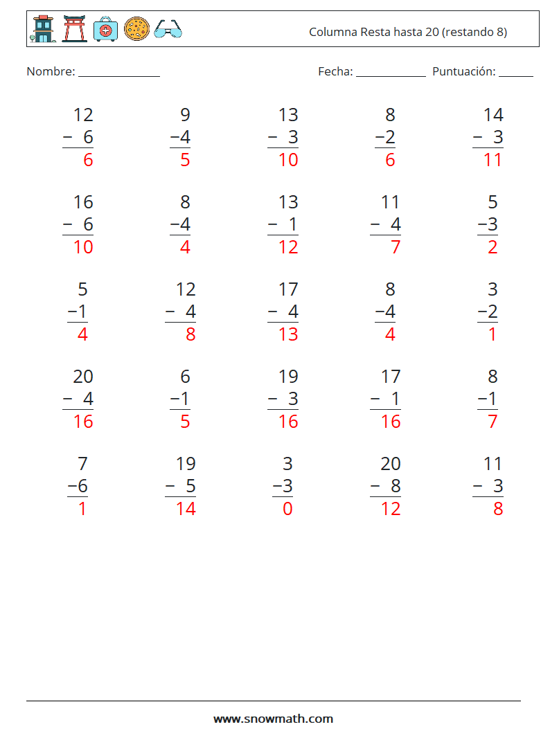 (25) Columna Resta hasta 20 (restando 8) Hojas de trabajo de matemáticas 2 Pregunta, respuesta