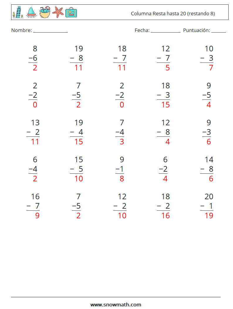 (25) Columna Resta hasta 20 (restando 8) Hojas de trabajo de matemáticas 3 Pregunta, respuesta