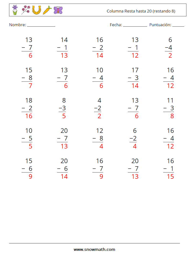 (25) Columna Resta hasta 20 (restando 8) Hojas de trabajo de matemáticas 4 Pregunta, respuesta