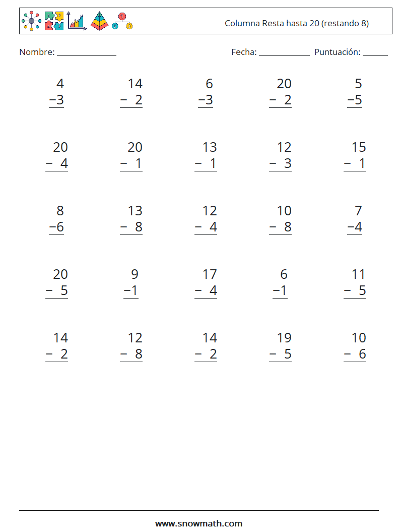 (25) Columna Resta hasta 20 (restando 8) Hojas de trabajo de matemáticas 5