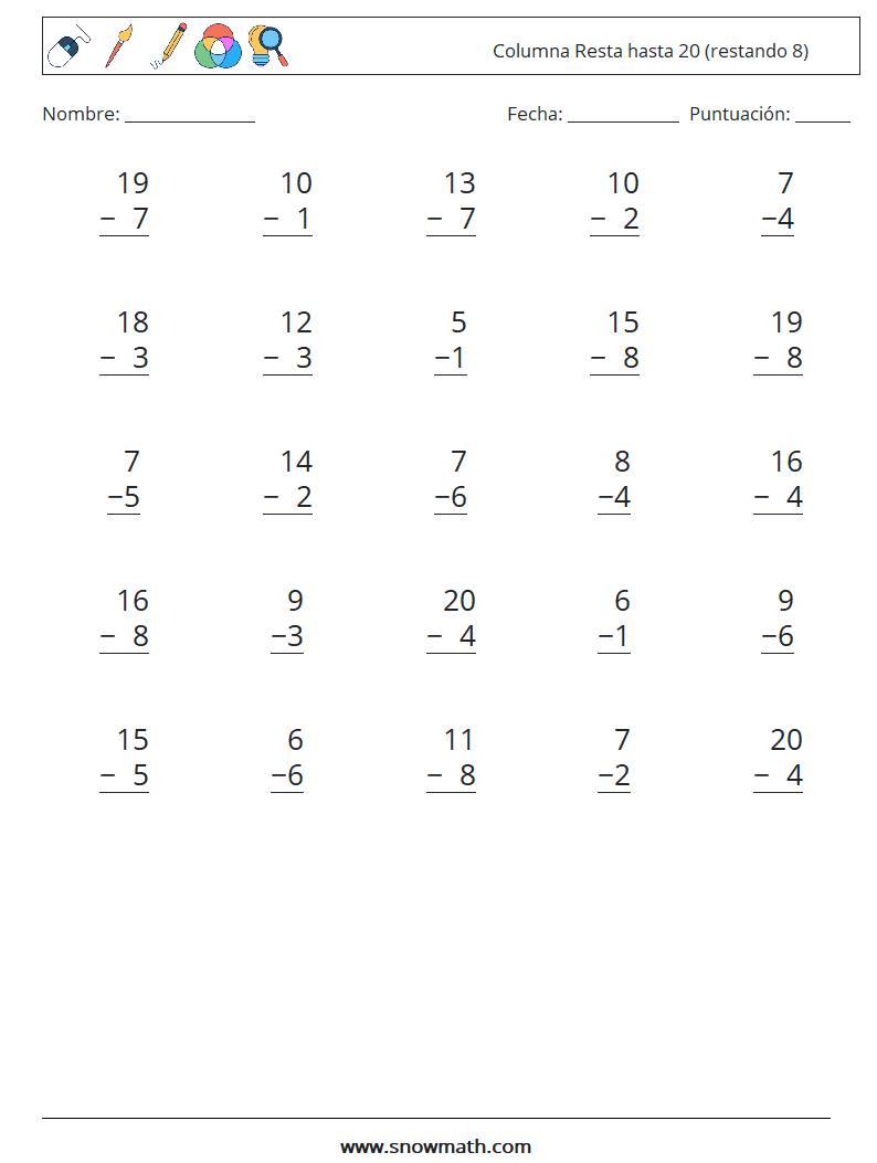 (25) Columna Resta hasta 20 (restando 8) Hojas de trabajo de matemáticas 6