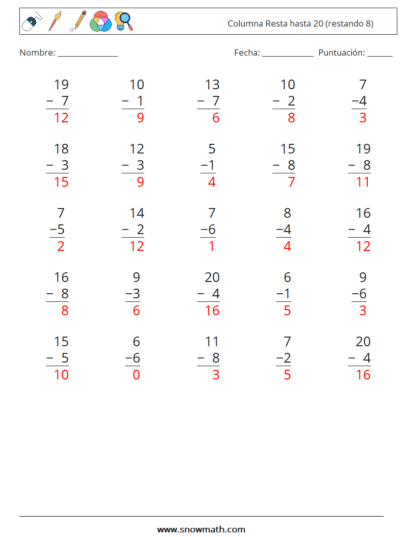 (25) Columna Resta hasta 20 (restando 8) Hojas de trabajo de matemáticas 6 Pregunta, respuesta