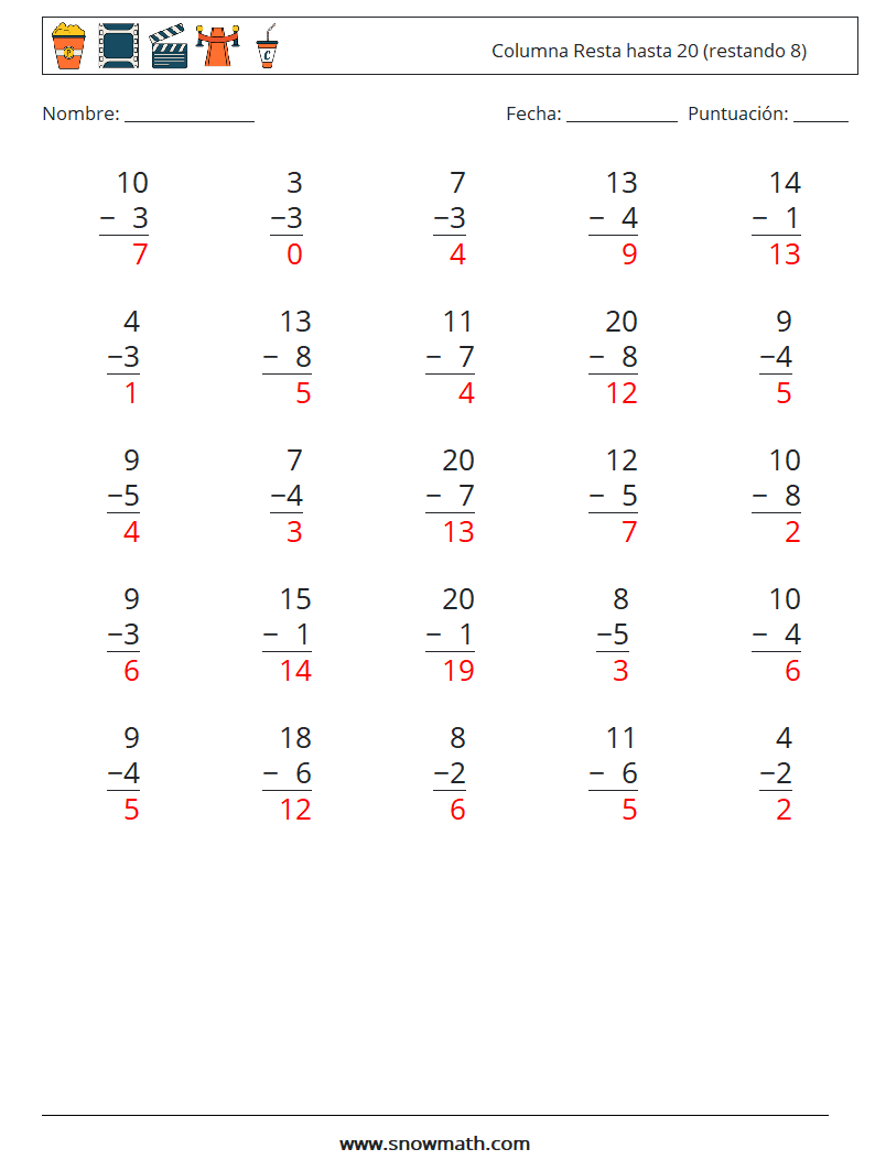 (25) Columna Resta hasta 20 (restando 8) Hojas de trabajo de matemáticas 7 Pregunta, respuesta