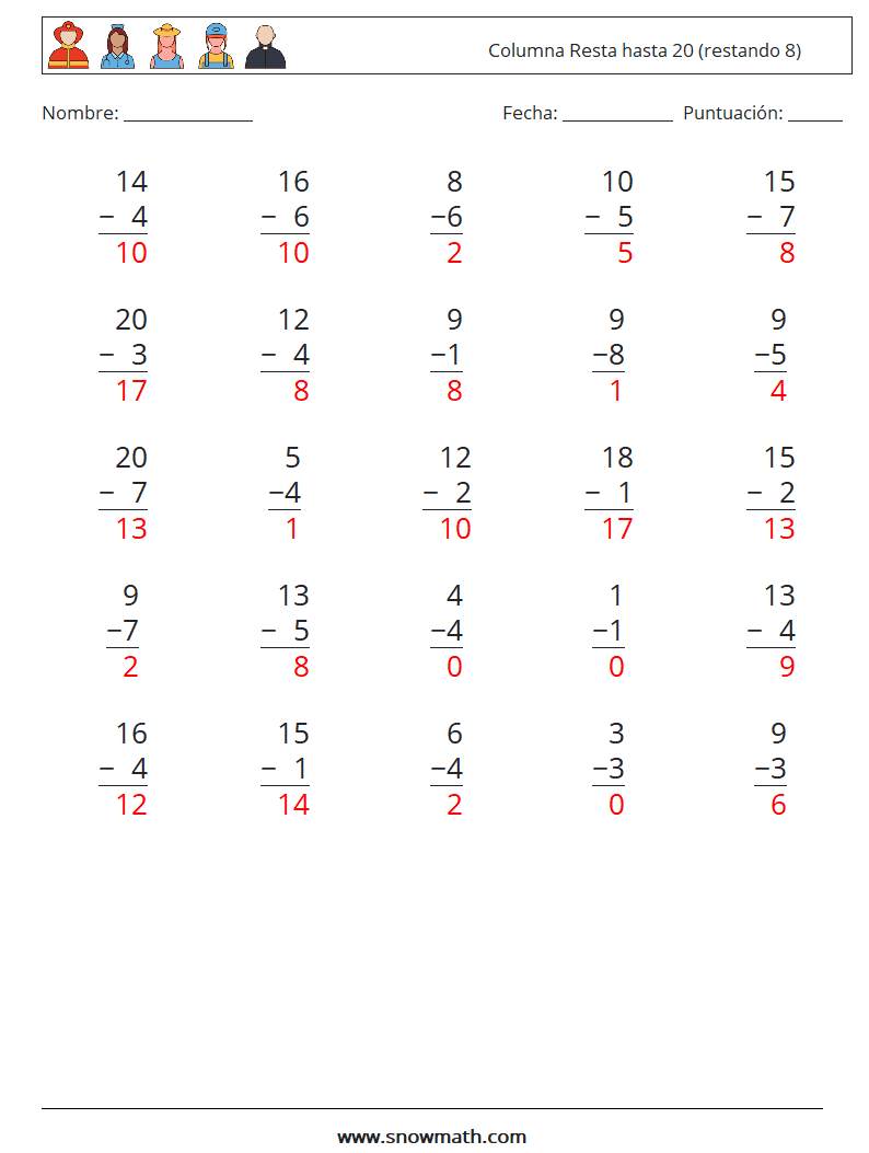 (25) Columna Resta hasta 20 (restando 8) Hojas de trabajo de matemáticas 8 Pregunta, respuesta