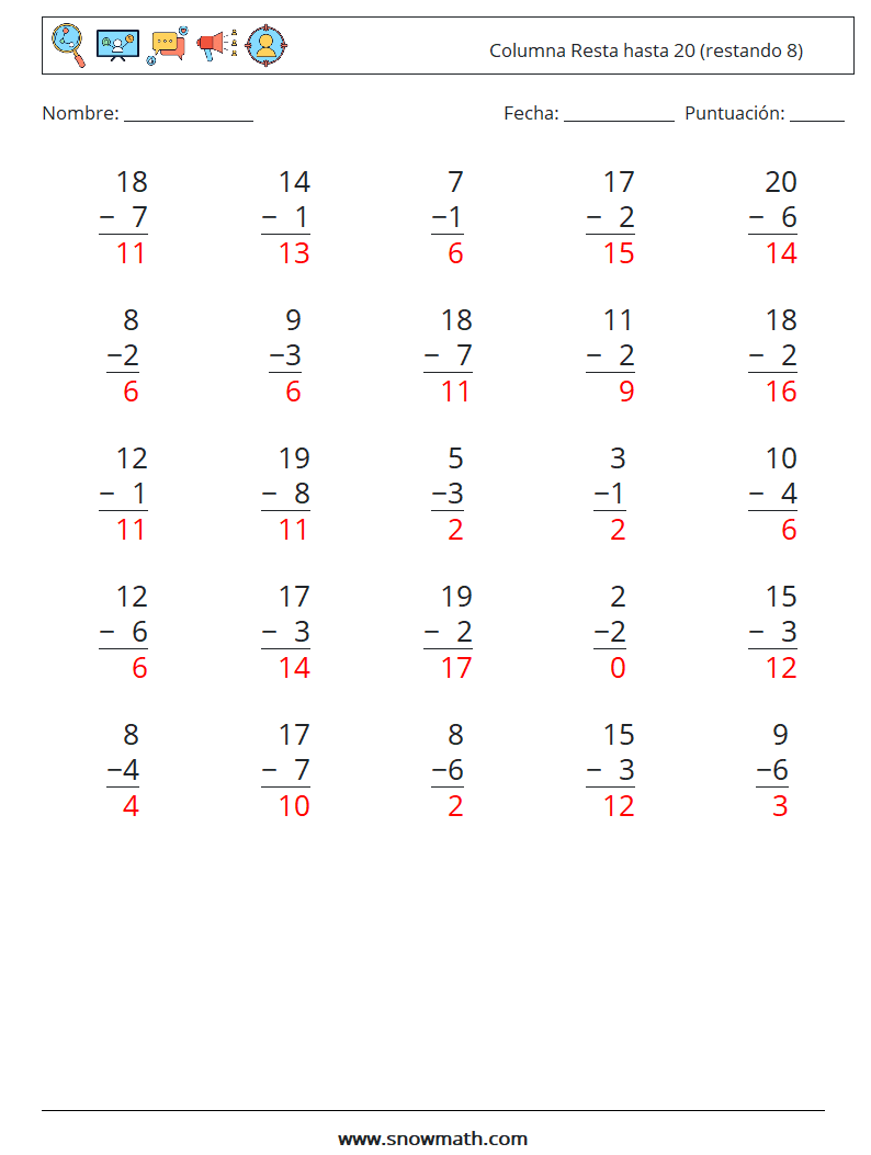 (25) Columna Resta hasta 20 (restando 8) Hojas de trabajo de matemáticas 9 Pregunta, respuesta