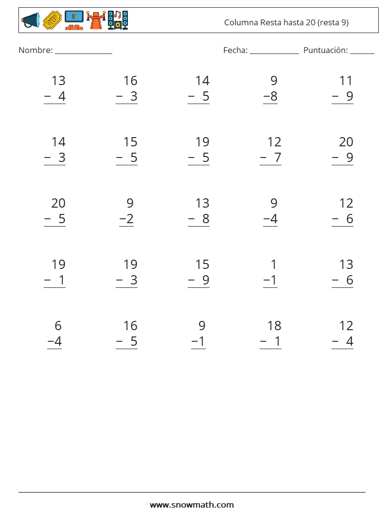 (25) Columna Resta hasta 20 (resta 9) Hojas de trabajo de matemáticas 1