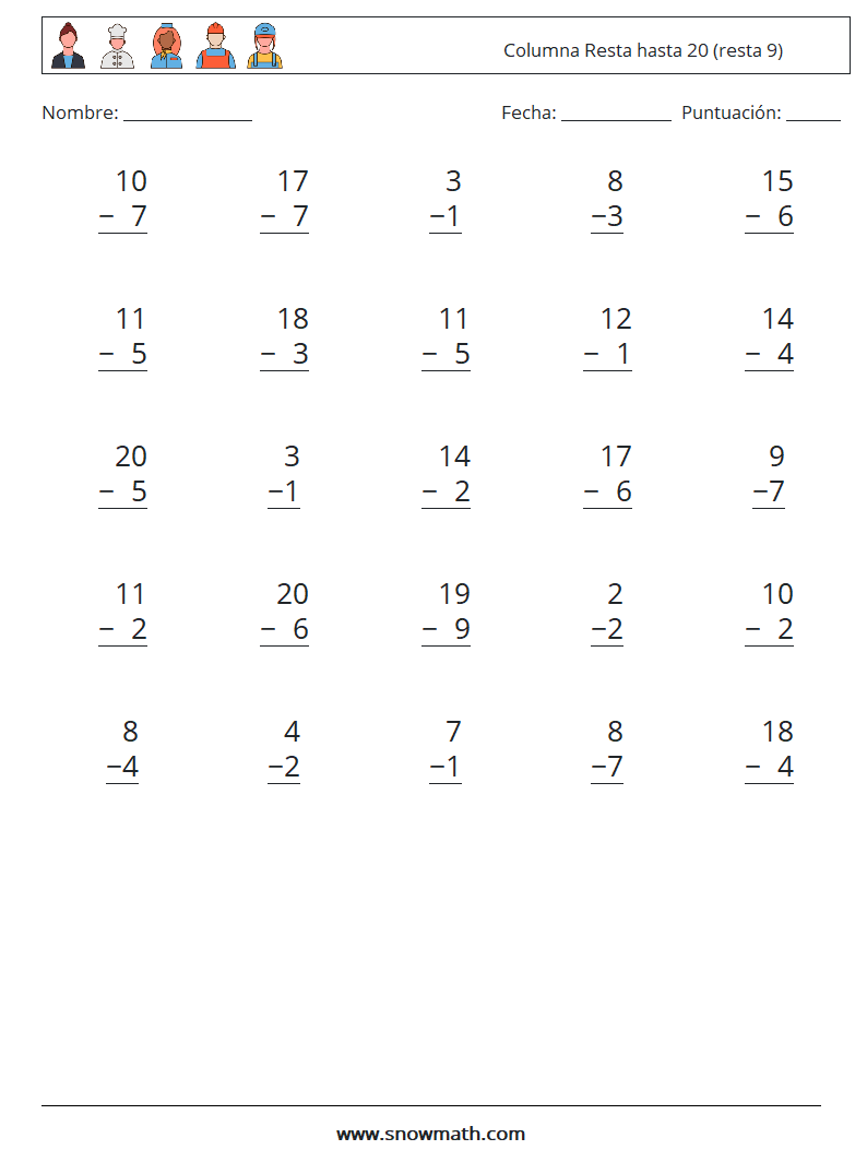 (25) Columna Resta hasta 20 (resta 9) Hojas de trabajo de matemáticas 10