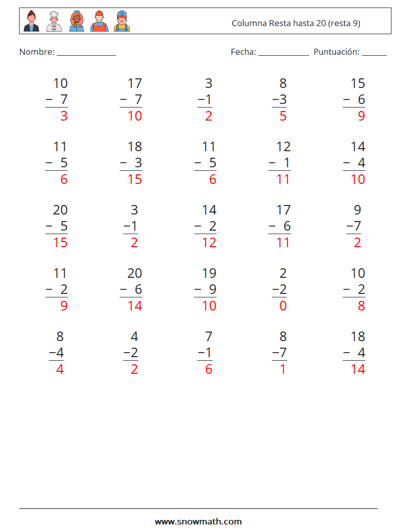 (25) Columna Resta hasta 20 (resta 9) Hojas de trabajo de matemáticas 10 Pregunta, respuesta