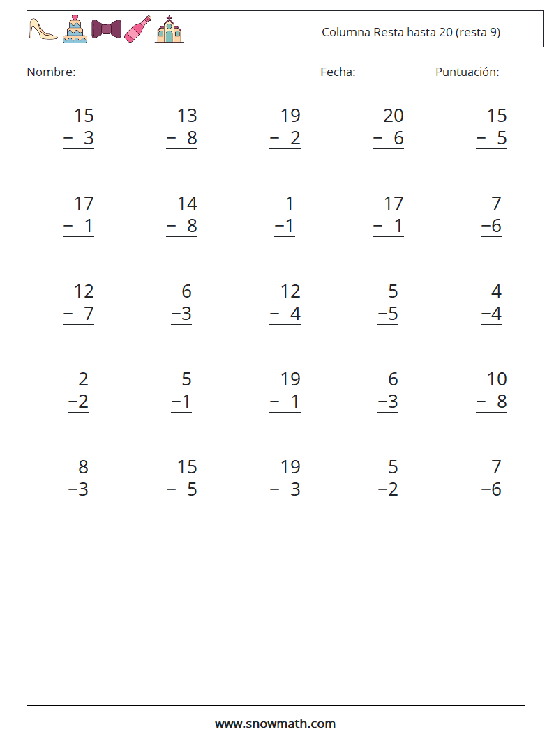 (25) Columna Resta hasta 20 (resta 9) Hojas de trabajo de matemáticas 11