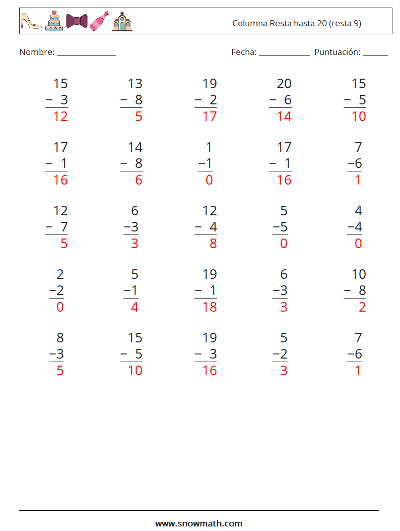 (25) Columna Resta hasta 20 (resta 9) Hojas de trabajo de matemáticas 11 Pregunta, respuesta