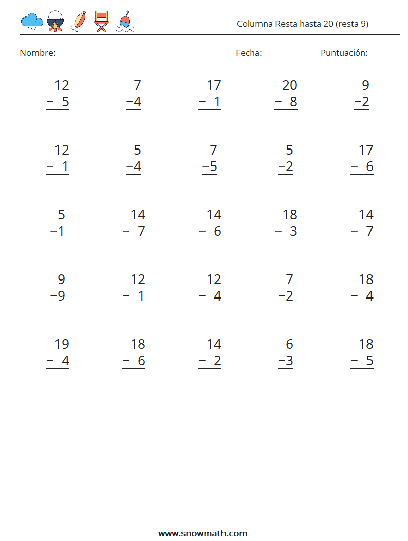 (25) Columna Resta hasta 20 (resta 9) Hojas de trabajo de matemáticas 12