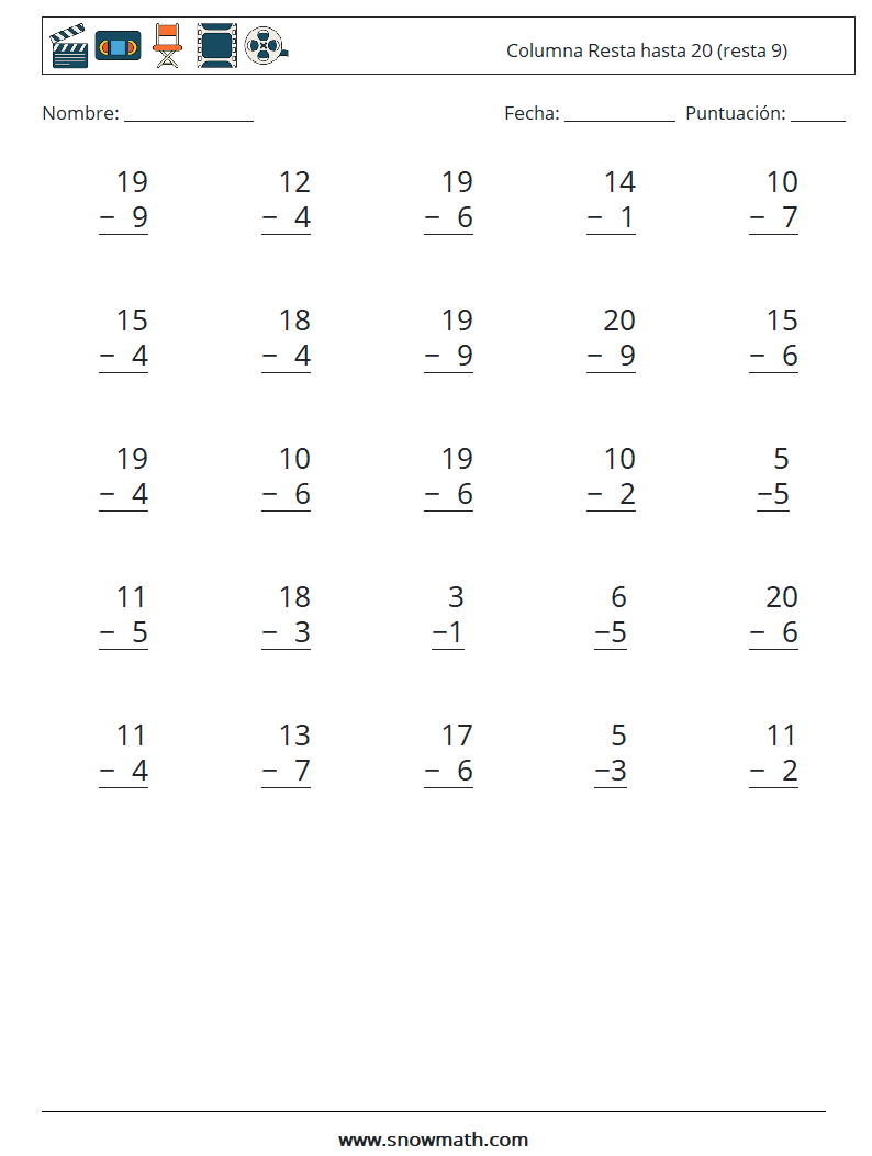 (25) Columna Resta hasta 20 (resta 9) Hojas de trabajo de matemáticas 13