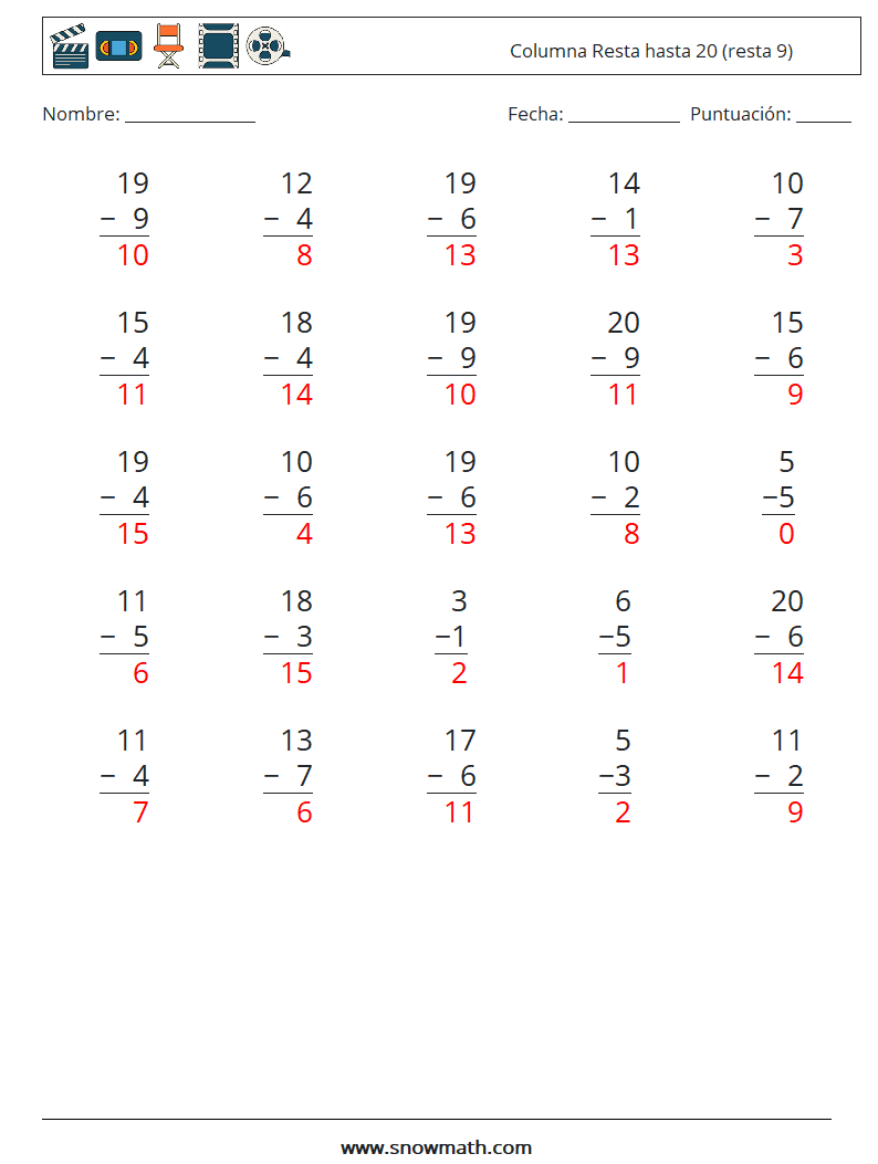 (25) Columna Resta hasta 20 (resta 9) Hojas de trabajo de matemáticas 13 Pregunta, respuesta