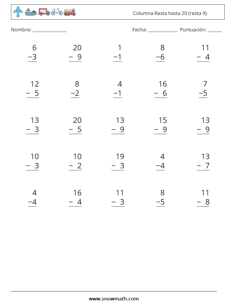 (25) Columna Resta hasta 20 (resta 9) Hojas de trabajo de matemáticas 14