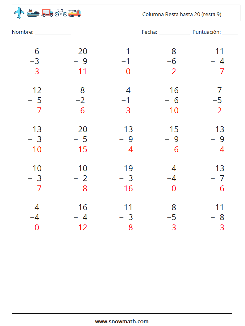 (25) Columna Resta hasta 20 (resta 9) Hojas de trabajo de matemáticas 14 Pregunta, respuesta