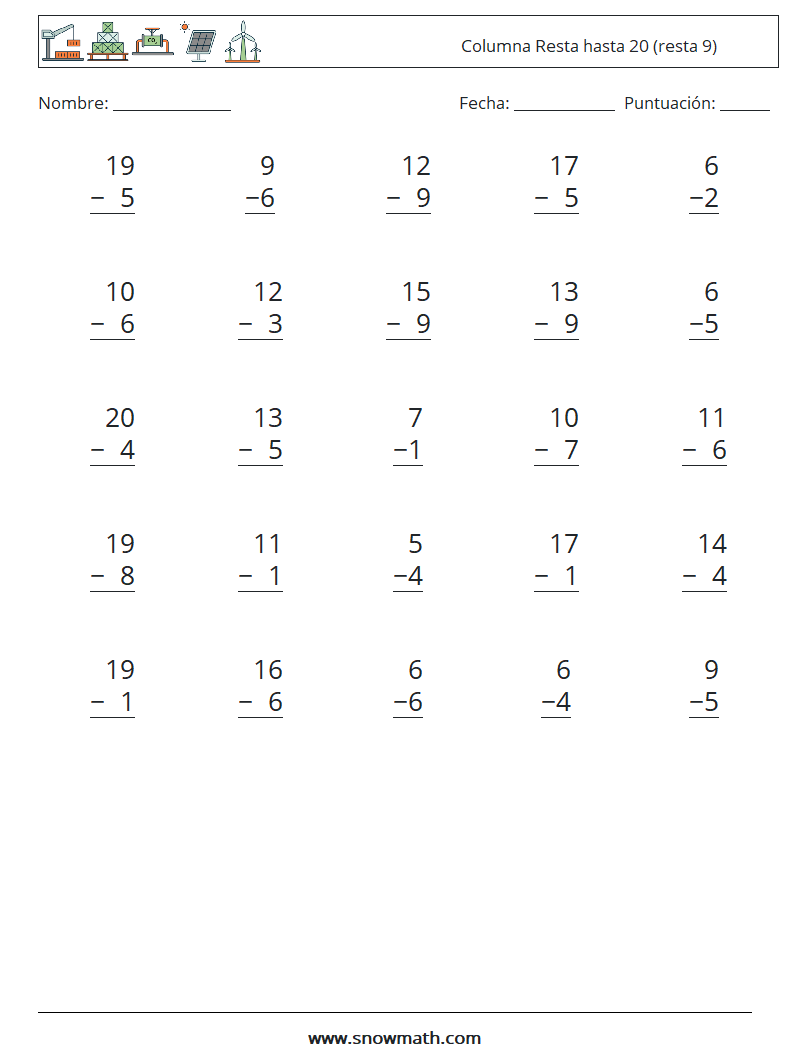 (25) Columna Resta hasta 20 (resta 9) Hojas de trabajo de matemáticas 15