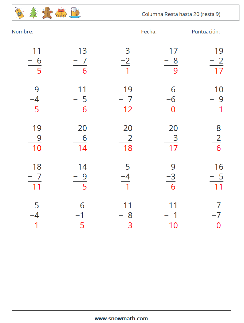 (25) Columna Resta hasta 20 (resta 9) Hojas de trabajo de matemáticas 16 Pregunta, respuesta