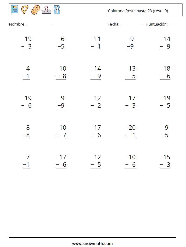 (25) Columna Resta hasta 20 (resta 9) Hojas de trabajo de matemáticas 17