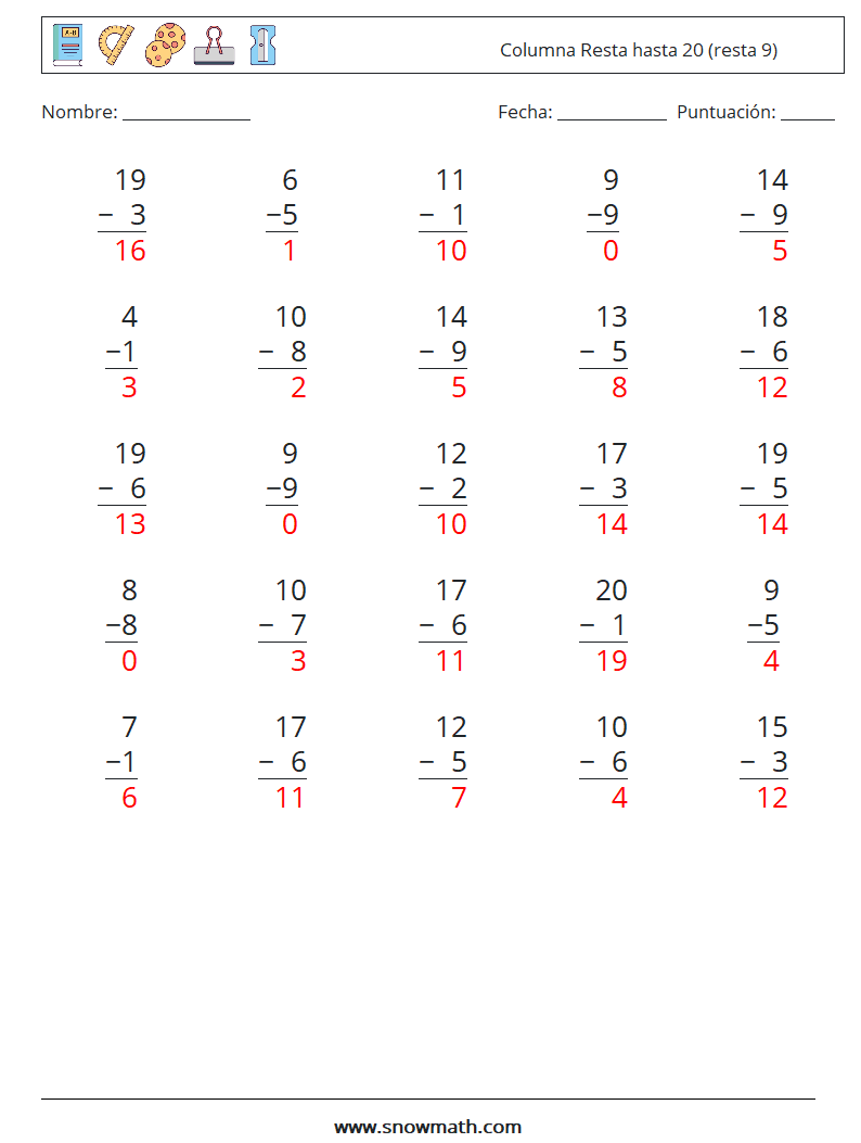 (25) Columna Resta hasta 20 (resta 9) Hojas de trabajo de matemáticas 17 Pregunta, respuesta