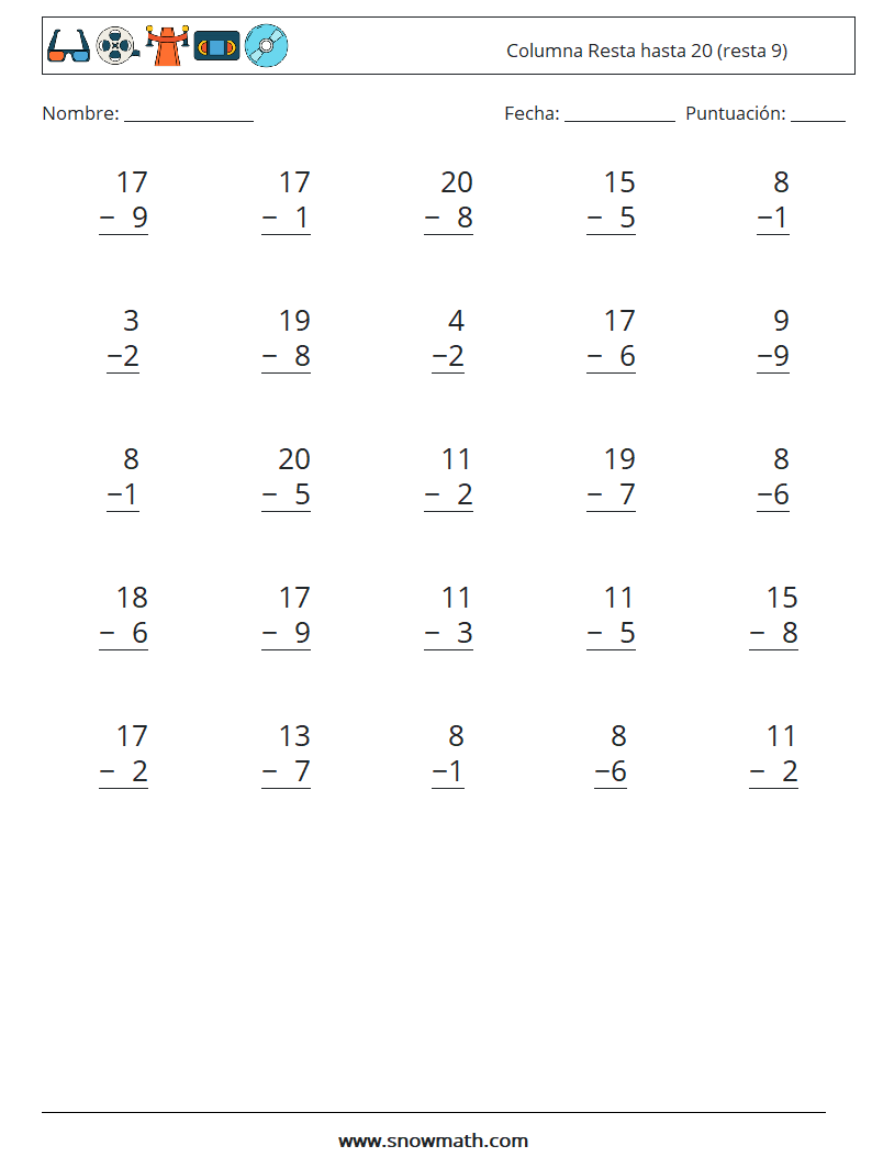 (25) Columna Resta hasta 20 (resta 9) Hojas de trabajo de matemáticas 18