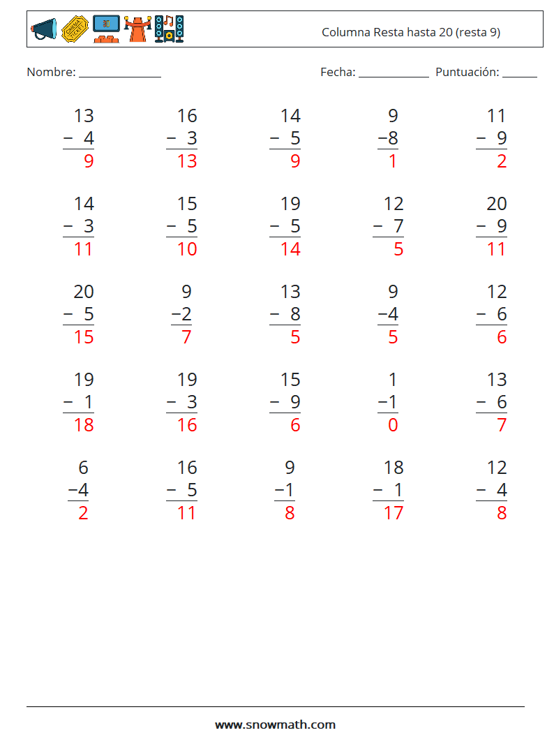 (25) Columna Resta hasta 20 (resta 9) Hojas de trabajo de matemáticas 1 Pregunta, respuesta