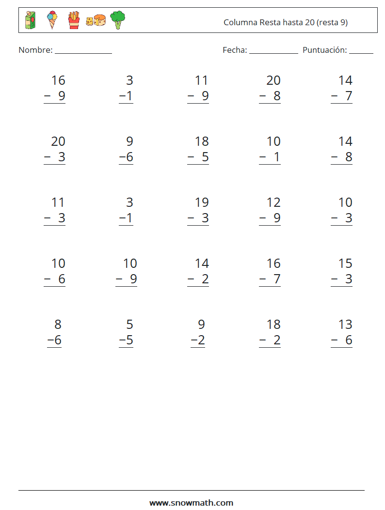 (25) Columna Resta hasta 20 (resta 9) Hojas de trabajo de matemáticas 2