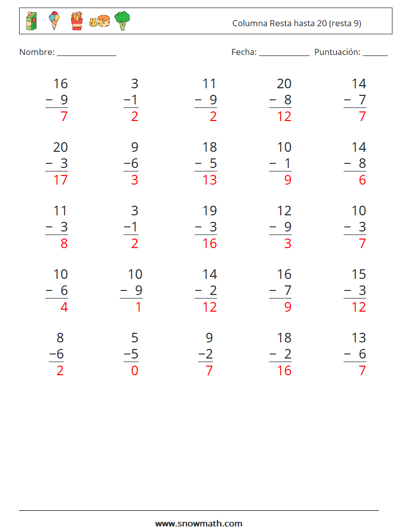 (25) Columna Resta hasta 20 (resta 9) Hojas de trabajo de matemáticas 2 Pregunta, respuesta