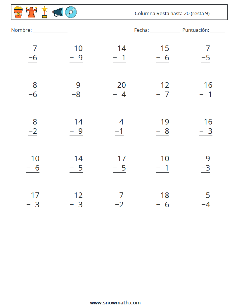 (25) Columna Resta hasta 20 (resta 9) Hojas de trabajo de matemáticas 3