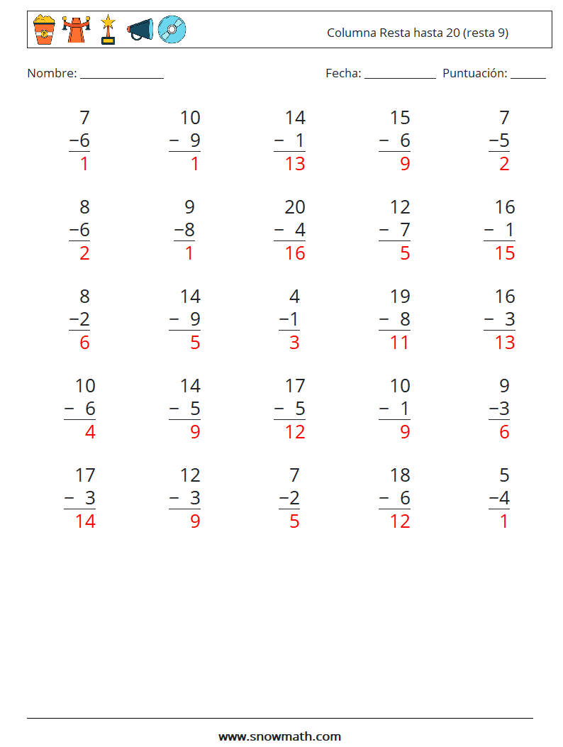 (25) Columna Resta hasta 20 (resta 9) Hojas de trabajo de matemáticas 3 Pregunta, respuesta