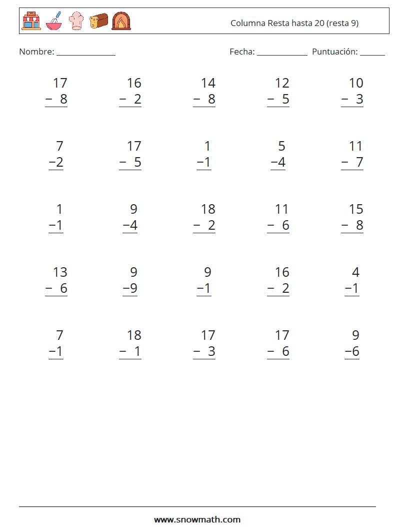 (25) Columna Resta hasta 20 (resta 9) Hojas de trabajo de matemáticas 4