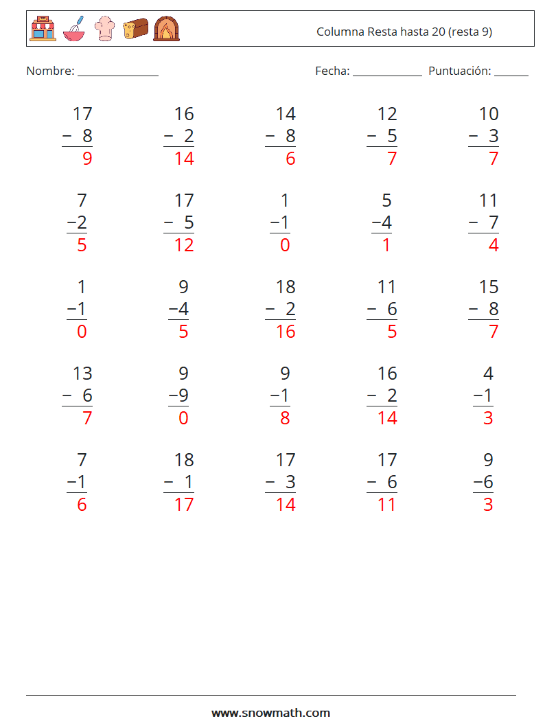 (25) Columna Resta hasta 20 (resta 9) Hojas de trabajo de matemáticas 4 Pregunta, respuesta