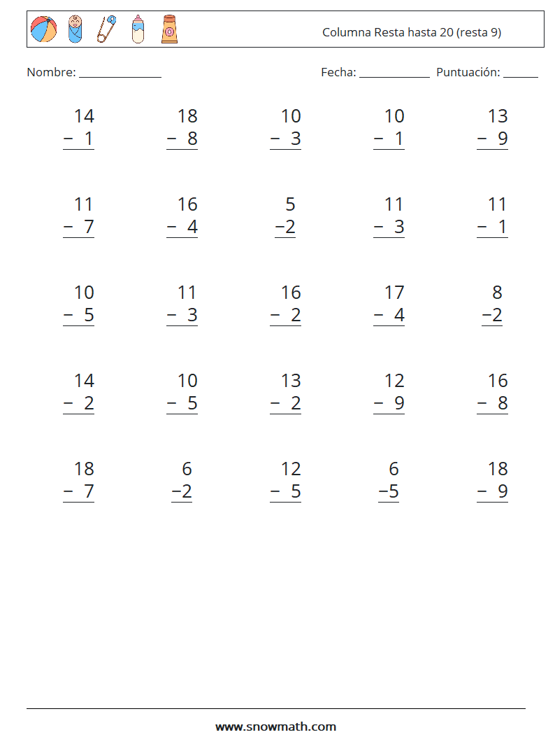 (25) Columna Resta hasta 20 (resta 9) Hojas de trabajo de matemáticas 5