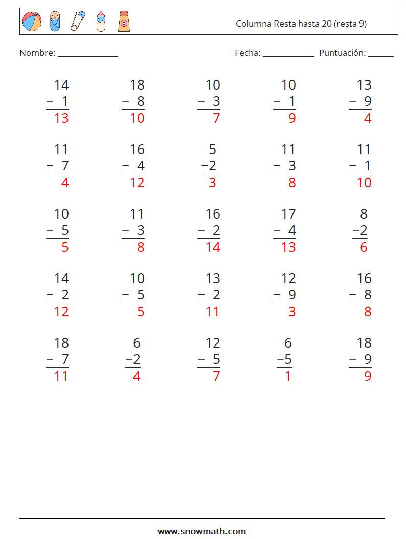 (25) Columna Resta hasta 20 (resta 9) Hojas de trabajo de matemáticas 5 Pregunta, respuesta