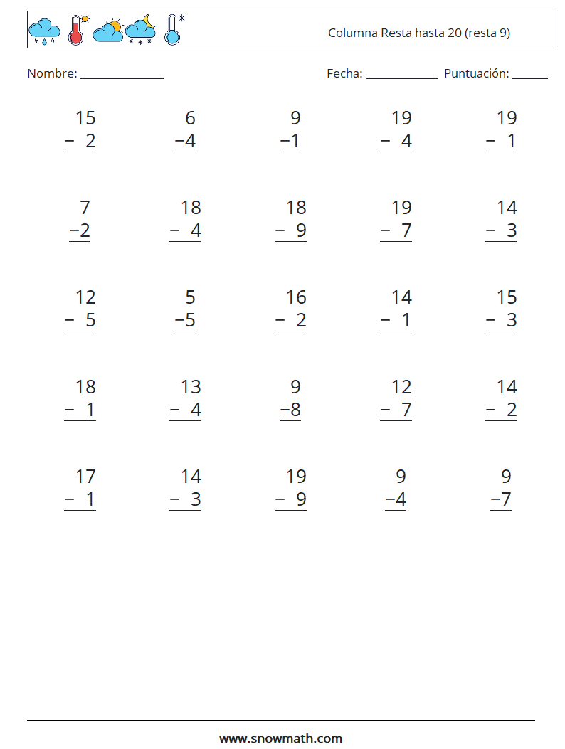 (25) Columna Resta hasta 20 (resta 9) Hojas de trabajo de matemáticas 6