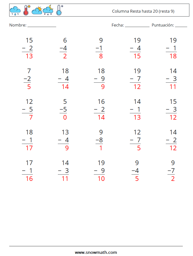 (25) Columna Resta hasta 20 (resta 9) Hojas de trabajo de matemáticas 6 Pregunta, respuesta