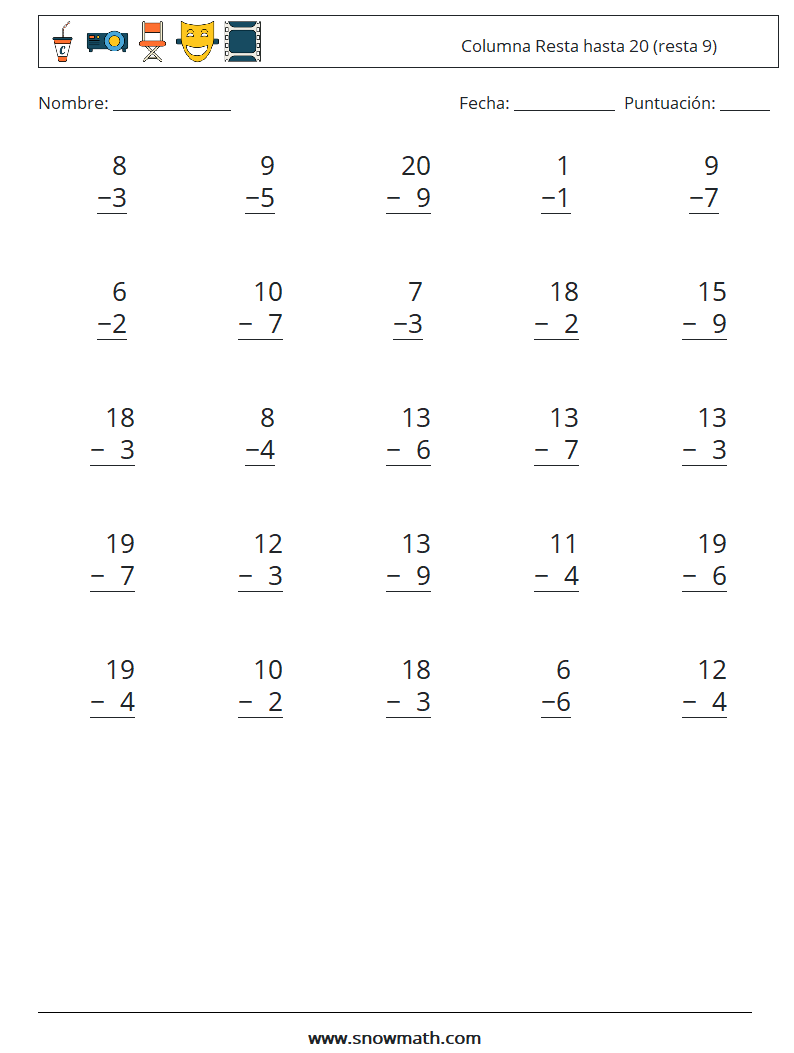 (25) Columna Resta hasta 20 (resta 9) Hojas de trabajo de matemáticas 7