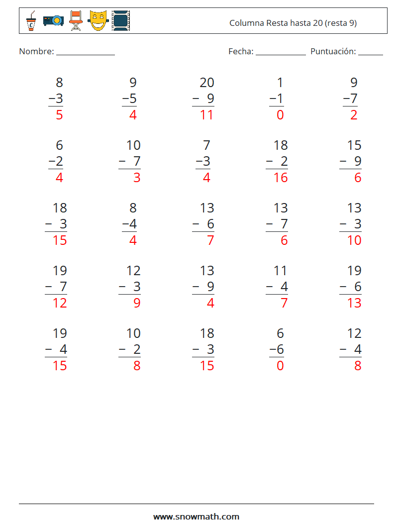 (25) Columna Resta hasta 20 (resta 9) Hojas de trabajo de matemáticas 7 Pregunta, respuesta